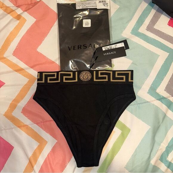 NWT XS Versace Black Greca High-Rise Briefs Panties Cotton - Size: 1 (X-Small) - Picture 6 of 13